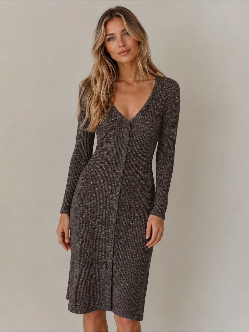 Known Supply 100% Organic Cotton Long-Sleeve Midi Dress Size M Brown Fall Winter